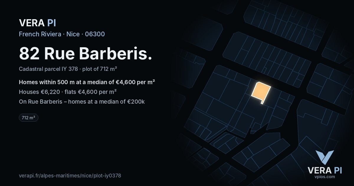 82 Rue Barberis, Nice at night – the plot lit, the parcels around coloured by the prices near them