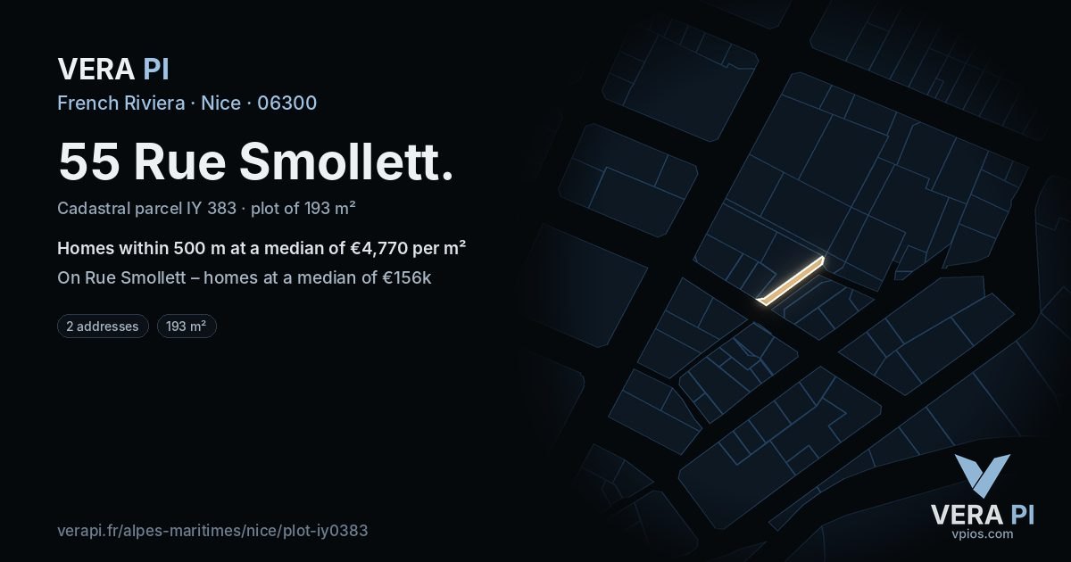 55 Rue Smollett, Nice at night – the plot lit, the parcels around coloured by the prices near them