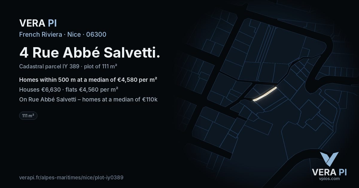 4 Rue Abbé Salvetti, Nice at night – the plot lit, the parcels around coloured by the prices near them
