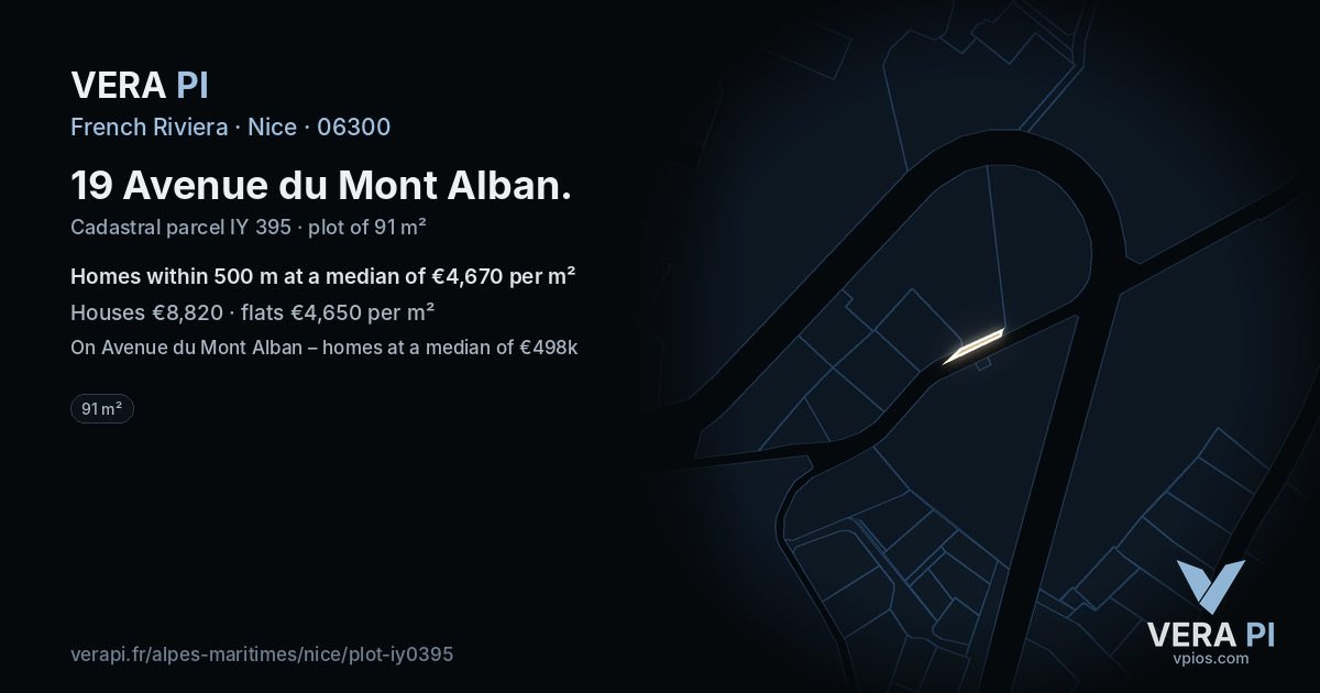 19 Avenue du Mont Alban, Nice at night – the plot lit, the parcels around coloured by the prices near them