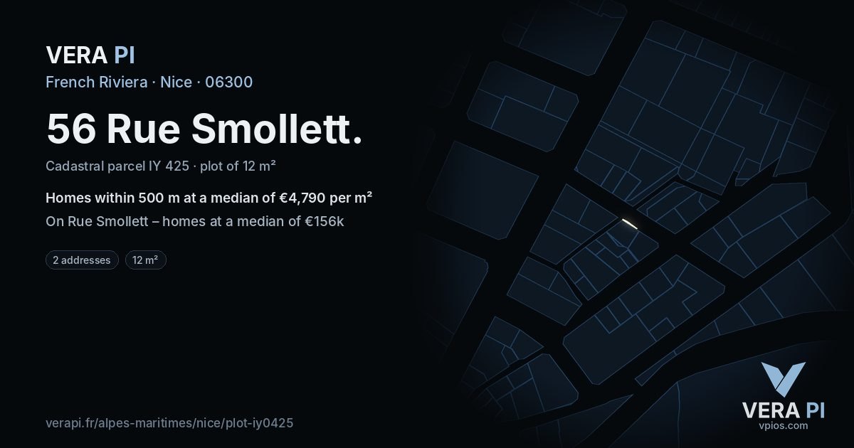 56 Rue Smollett, Nice at night – the plot lit, the parcels around coloured by the prices near them