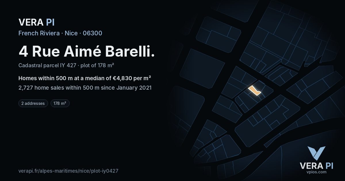 4 Rue Aimé Barelli, Nice at night – the plot lit, the parcels around coloured by the prices near them