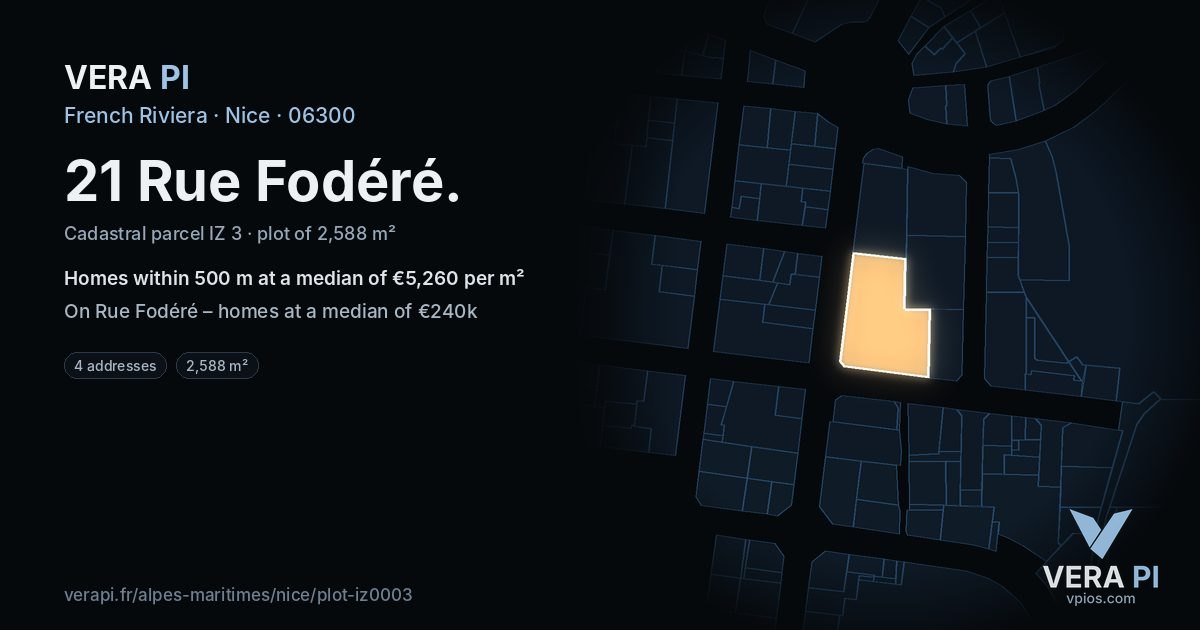 21 Rue Fodéré, Nice at night – the plot lit, the parcels around coloured by the prices near them