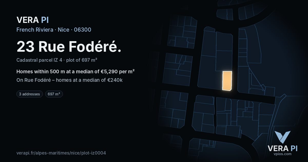 23 Rue Fodéré, Nice at night – the plot lit, the parcels around coloured by the prices near them