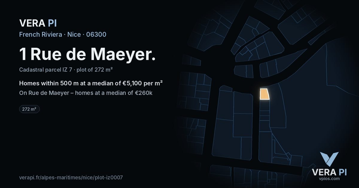1 Rue de Maeyer, Nice at night – the plot lit, the parcels around coloured by the prices near them