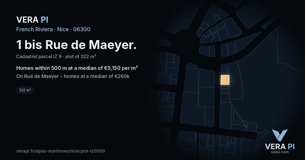 1 bis Rue de Maeyer, Nice at night – the plot lit, the parcels around coloured by the prices near them