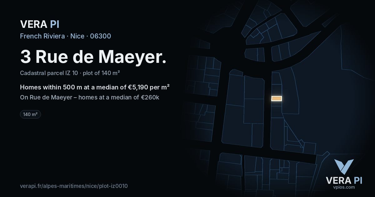 3 Rue de Maeyer, Nice at night – the plot lit, the parcels around coloured by the prices near them