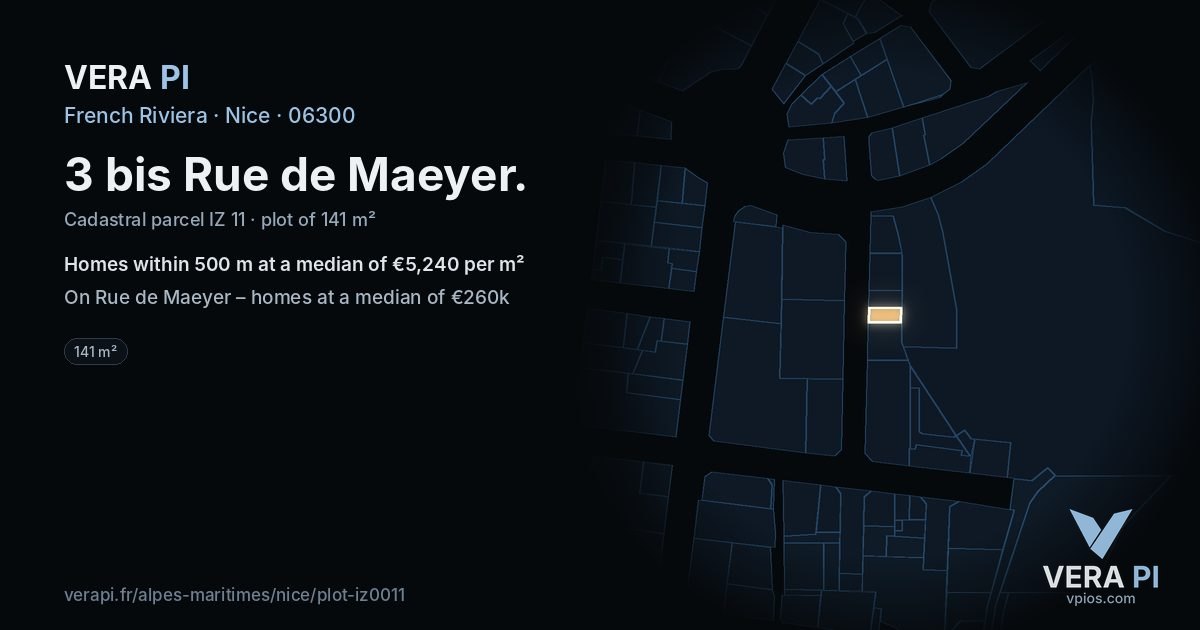 3 bis Rue de Maeyer, Nice at night – the plot lit, the parcels around coloured by the prices near them