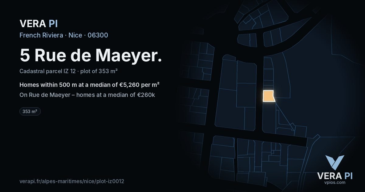 5 Rue de Maeyer, Nice at night – the plot lit, the parcels around coloured by the prices near them