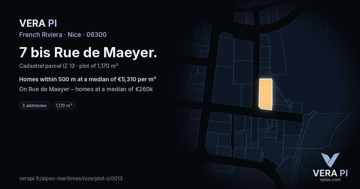 7 bis Rue de Maeyer, Nice at night – the plot lit, the parcels around coloured by the prices near them
