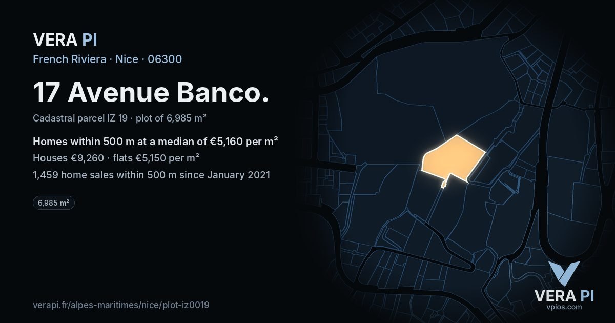 17 Avenue Banco, Nice at night – the plot lit, the parcels around coloured by the prices near them
