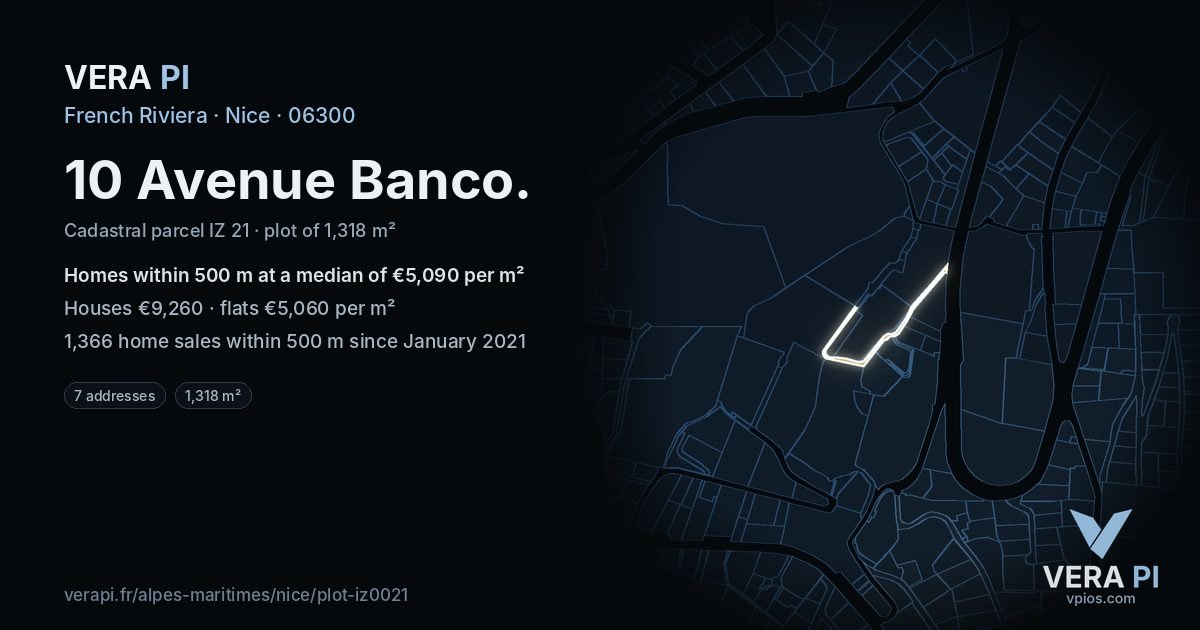 10 Avenue Banco, Nice at night – the plot lit, the parcels around coloured by the prices near them