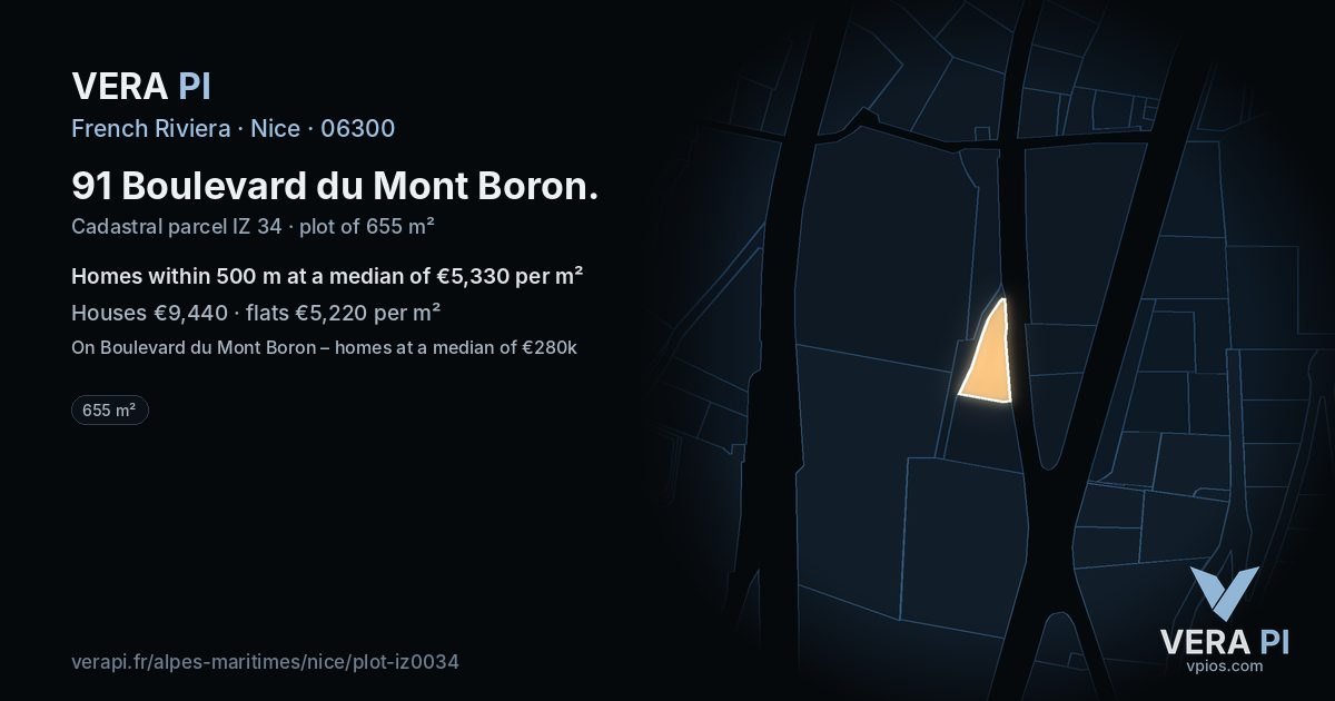 91 Boulevard du Mont Boron, Nice at night – the plot lit, the parcels around coloured by the prices near them