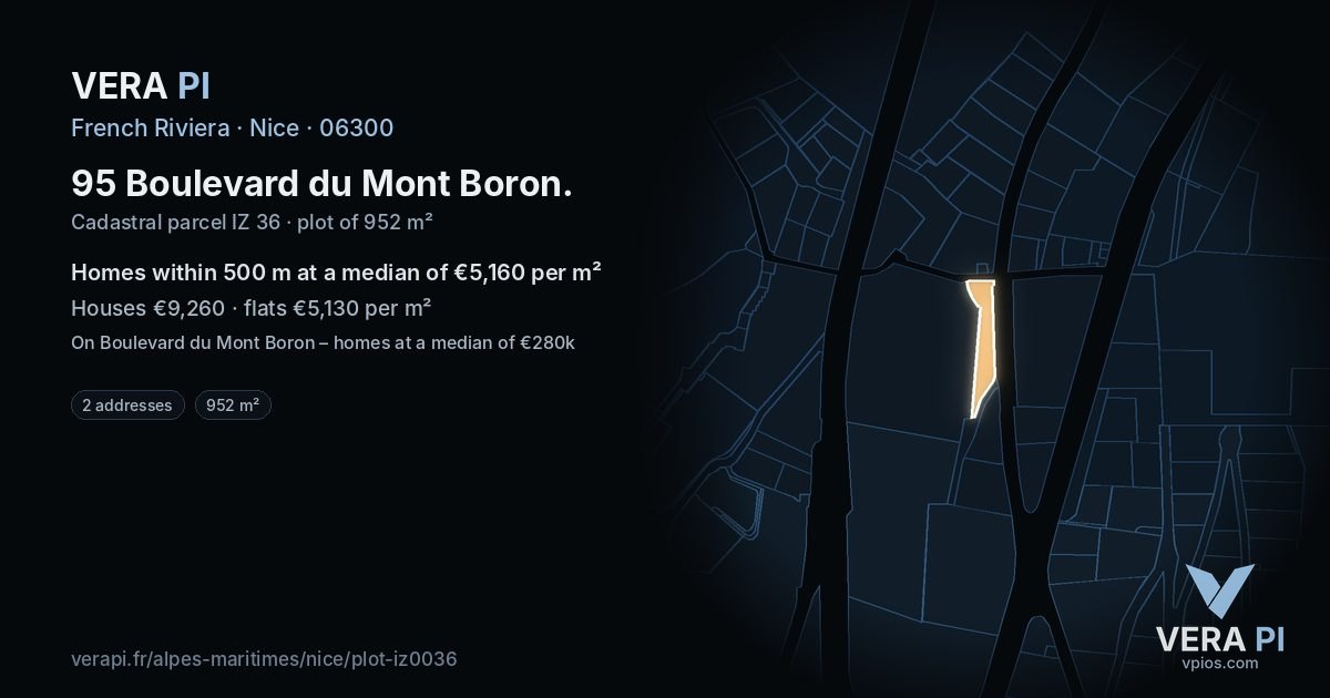 95 Boulevard du Mont Boron, Nice at night – the plot lit, the parcels around coloured by the prices near them