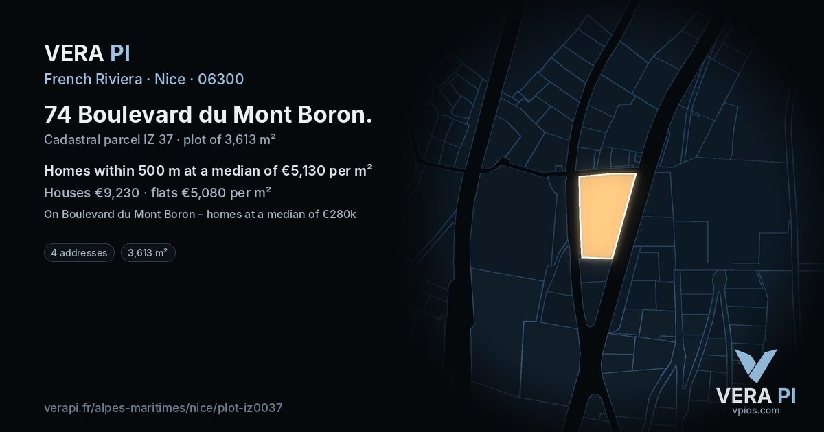 74 Boulevard du Mont Boron, Nice at night – the plot lit, the parcels around coloured by the prices near them