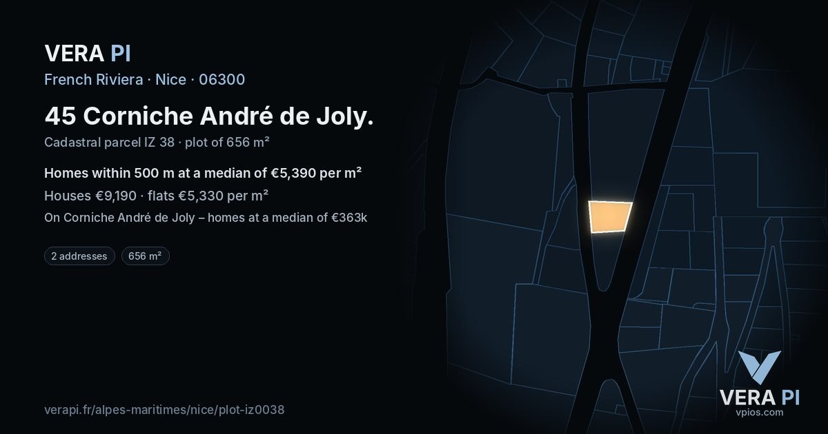 45 Corniche André de Joly, Nice at night – the plot lit, the parcels around coloured by the prices near them
