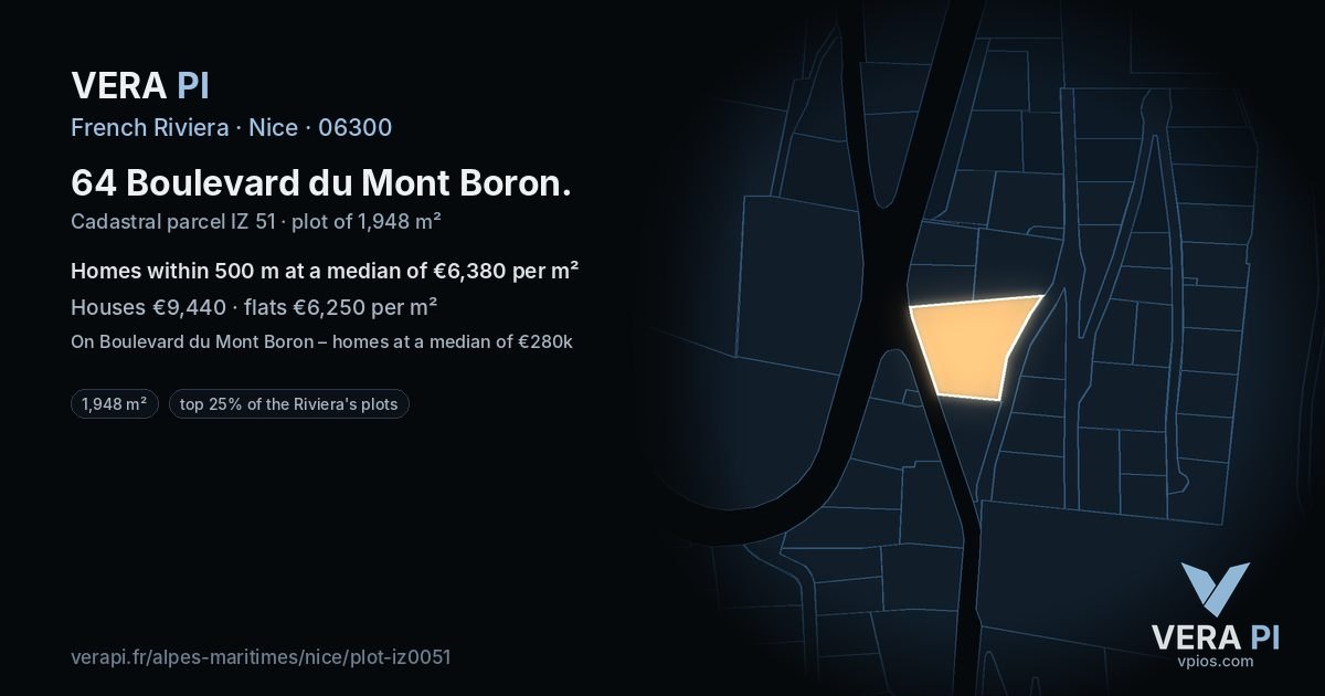 64 Boulevard du Mont Boron, Nice at night – the plot lit, the parcels around coloured by the prices near them