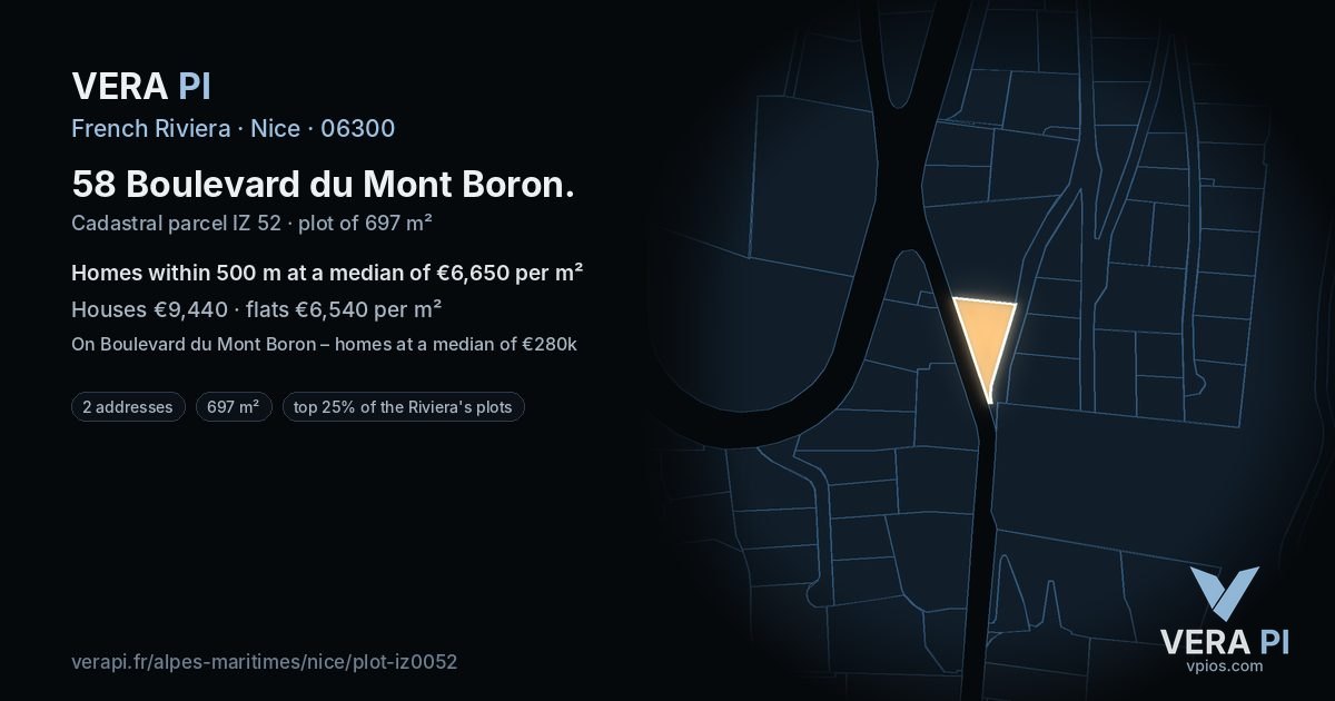 58 Boulevard du Mont Boron, Nice at night – the plot lit, the parcels around coloured by the prices near them
