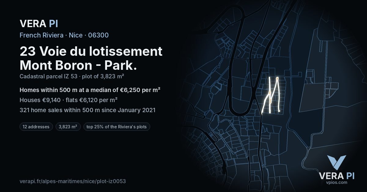 23 Voie du lotissement Mont Boron - Park, Nice at night – the plot lit, the parcels around coloured by the prices near them