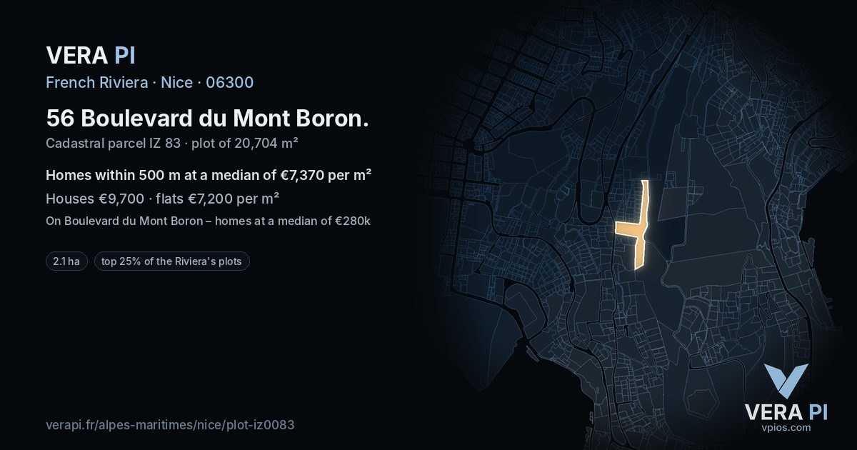 56 Boulevard du Mont Boron, Nice at night – the plot lit, the parcels around coloured by the prices near them
