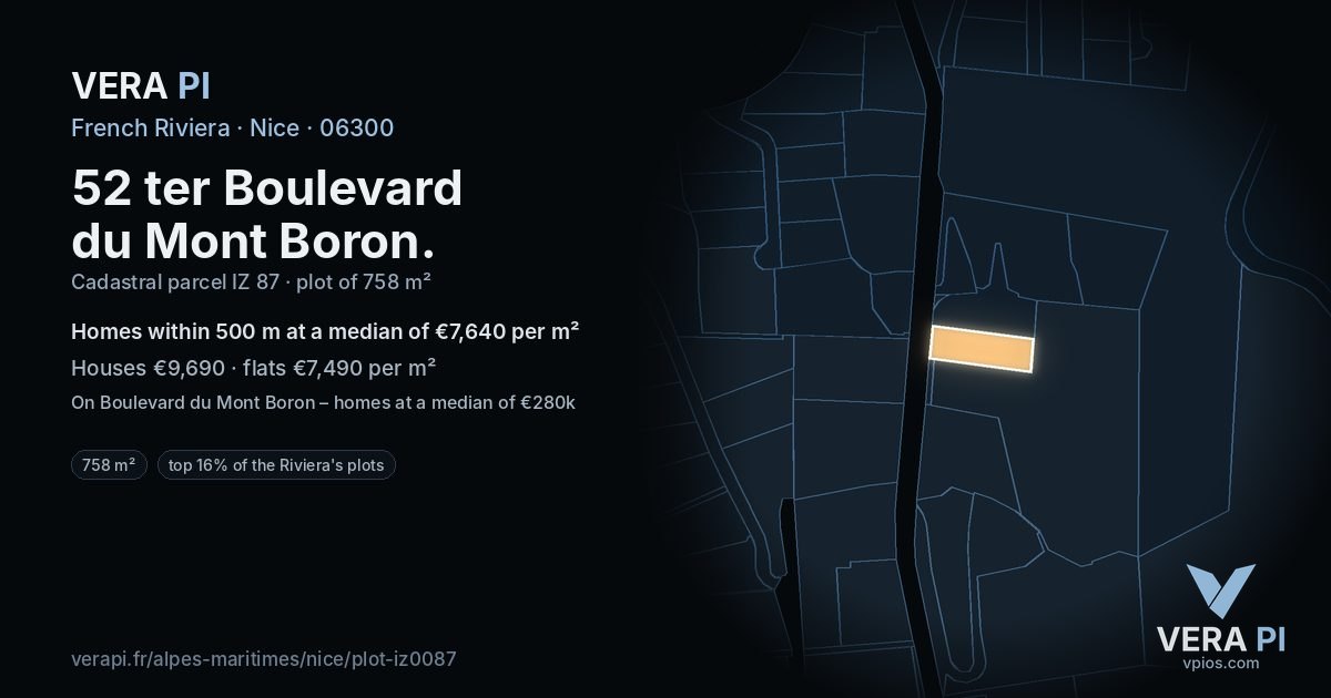 52 ter Boulevard du Mont Boron, Nice at night – the plot lit, the parcels around coloured by the prices near them