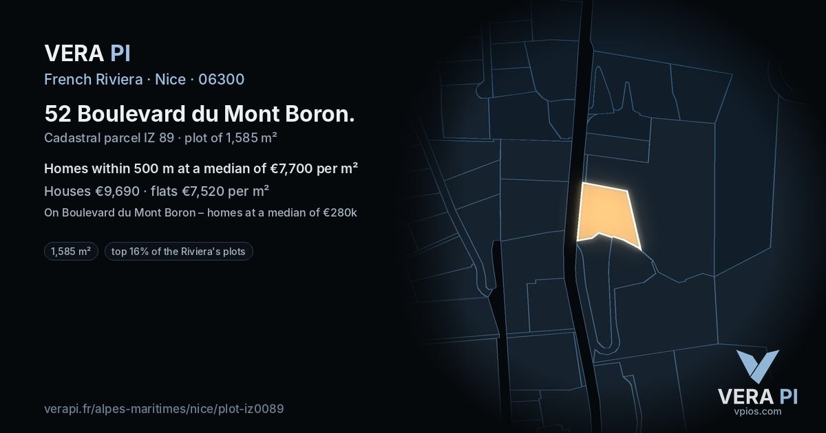 52 Boulevard du Mont Boron, Nice at night – the plot lit, the parcels around coloured by the prices near them