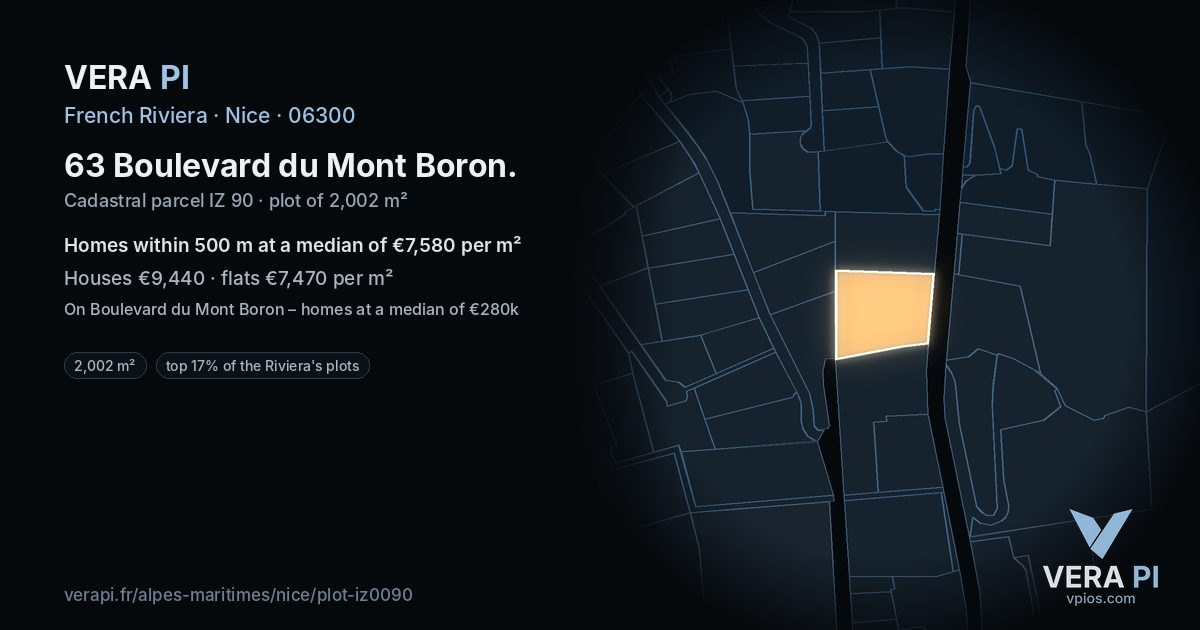 63 Boulevard du Mont Boron, Nice at night – the plot lit, the parcels around coloured by the prices near them