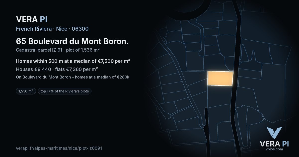 65 Boulevard du Mont Boron, Nice at night – the plot lit, the parcels around coloured by the prices near them