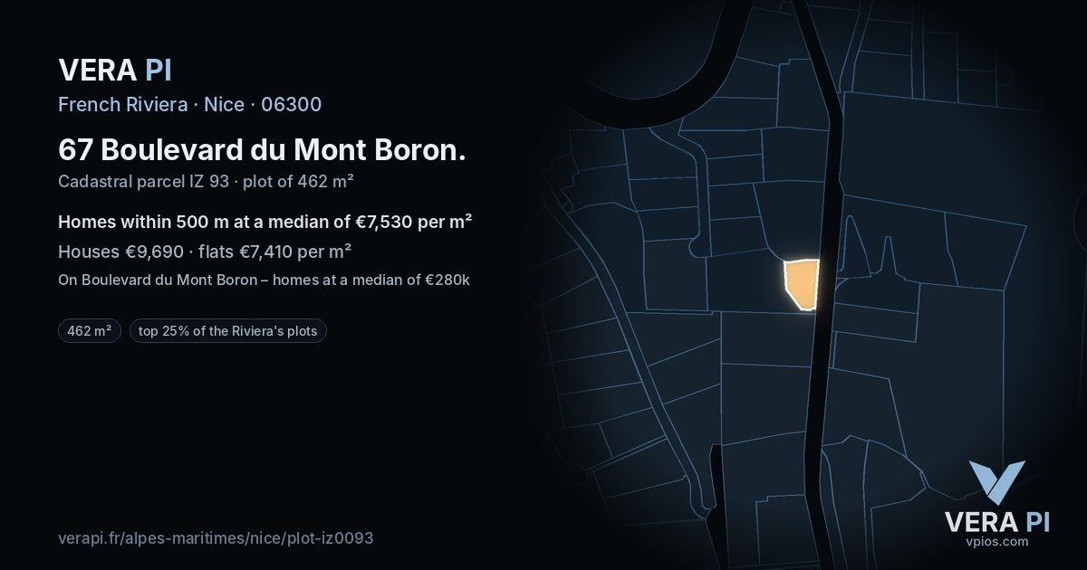 67 Boulevard du Mont Boron, Nice at night – the plot lit, the parcels around coloured by the prices near them