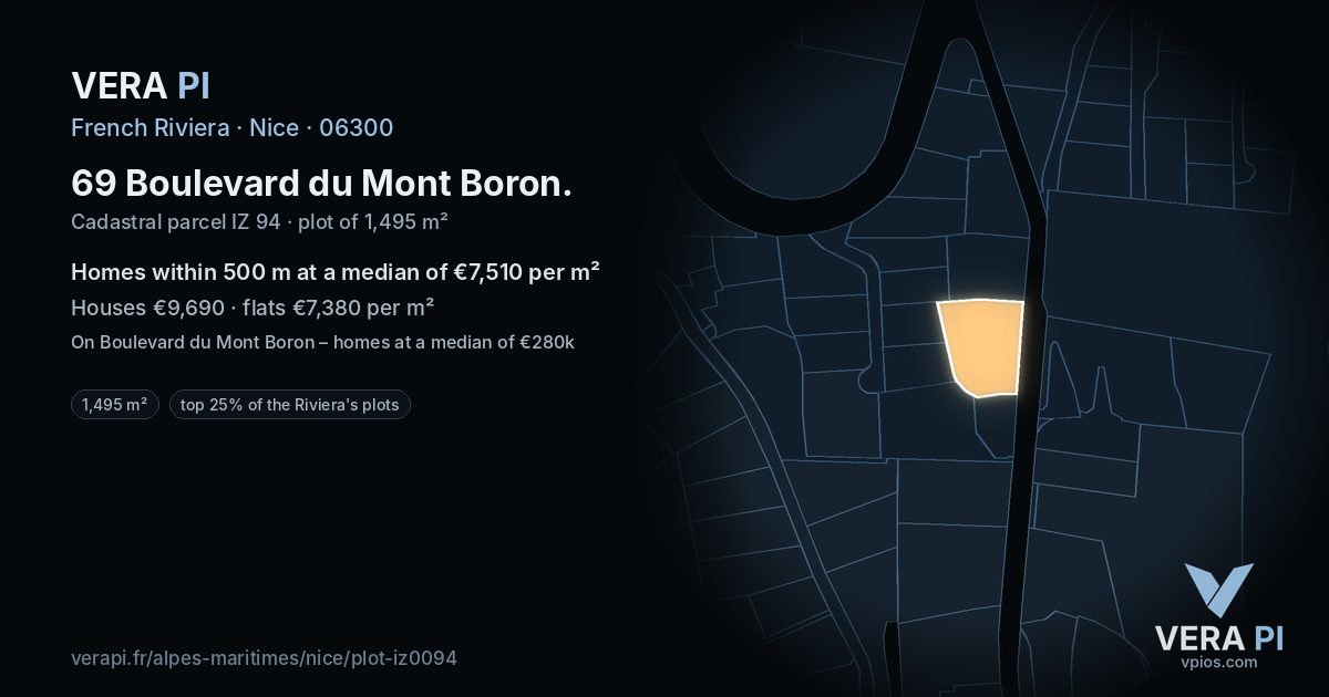 69 Boulevard du Mont Boron, Nice at night – the plot lit, the parcels around coloured by the prices near them