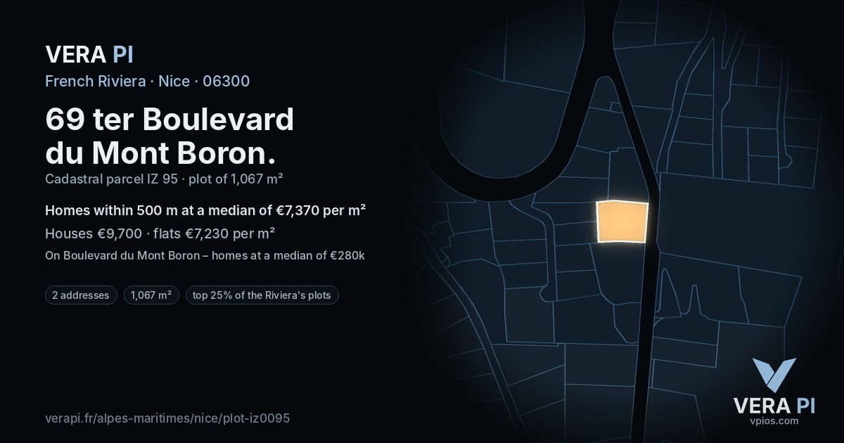 69 ter Boulevard du Mont Boron, Nice at night – the plot lit, the parcels around coloured by the prices near them