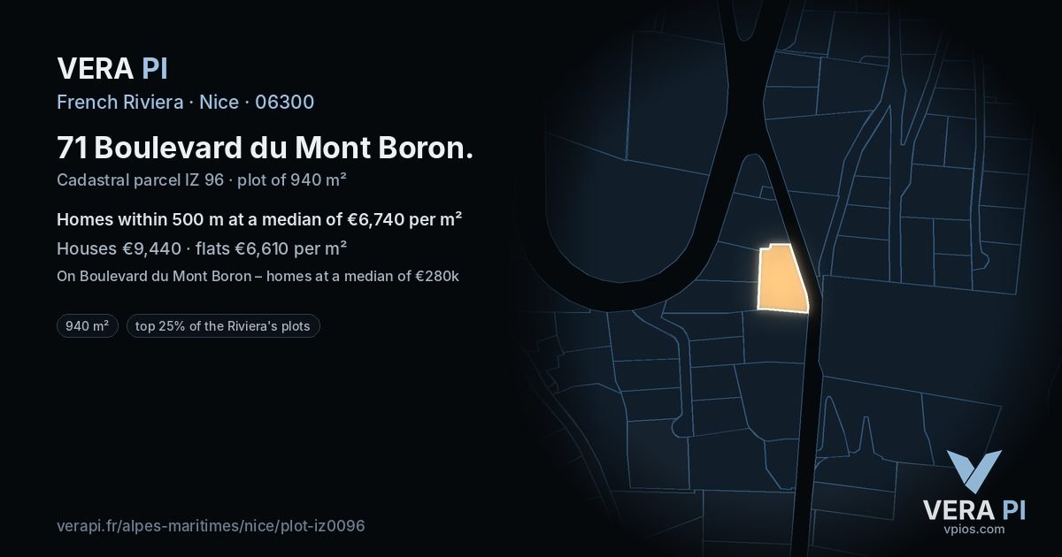 71 Boulevard du Mont Boron, Nice at night – the plot lit, the parcels around coloured by the prices near them
