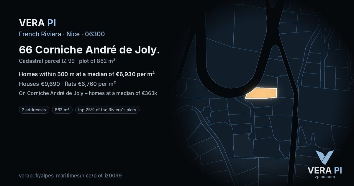 66 Corniche André de Joly, Nice at night – the plot lit, the parcels around coloured by the prices near them
