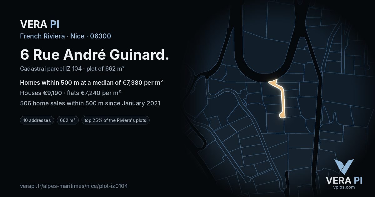 6 Rue André Guinard, Nice at night – the plot lit, the parcels around coloured by the prices near them