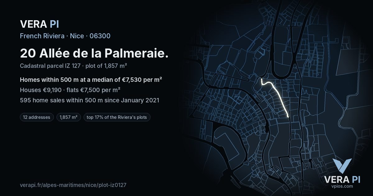 20 Allée de la Palmeraie, Nice at night – the plot lit, the parcels around coloured by the prices near them