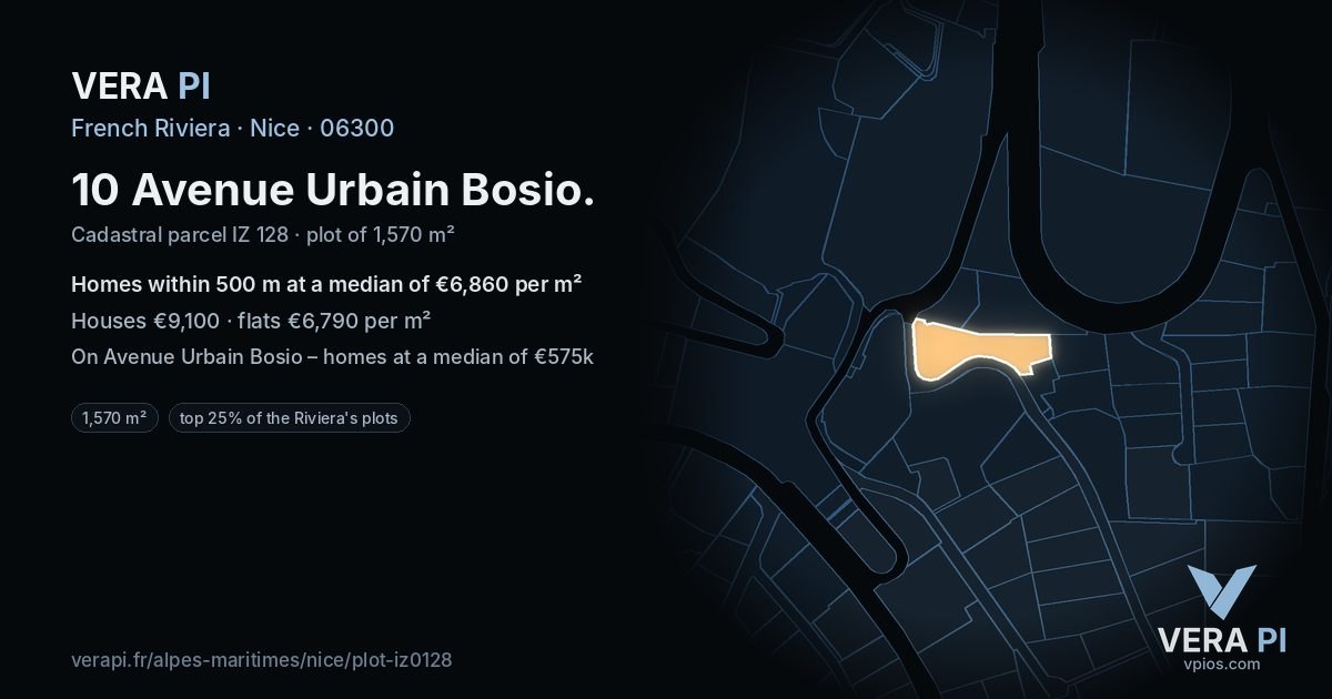 10 Avenue Urbain Bosio, Nice at night – the plot lit, the parcels around coloured by the prices near them