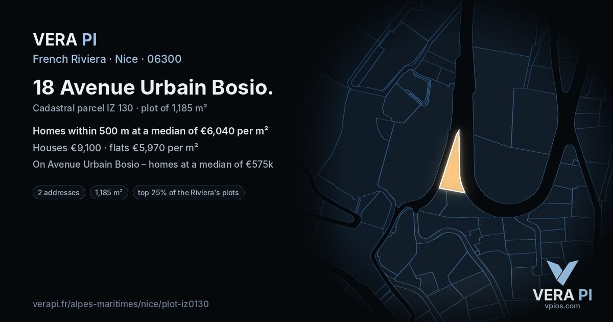 18 Avenue Urbain Bosio, Nice at night – the plot lit, the parcels around coloured by the prices near them