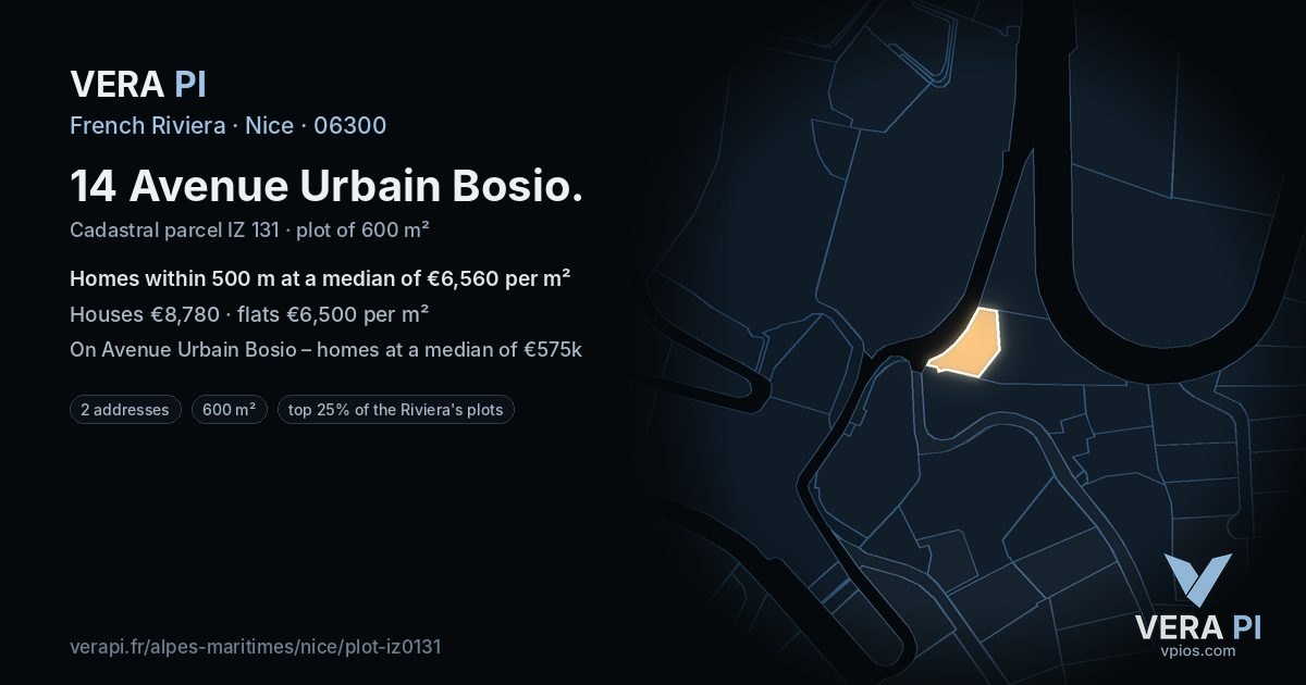 14 Avenue Urbain Bosio, Nice at night – the plot lit, the parcels around coloured by the prices near them