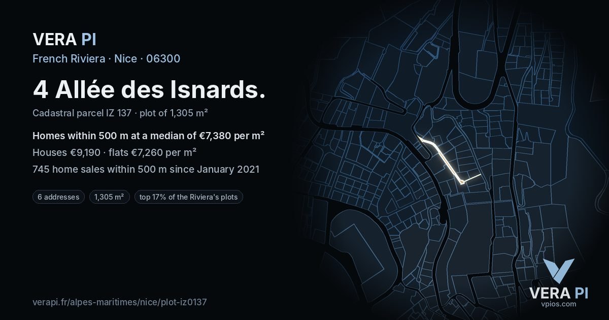 4 Allée des Isnards, Nice at night – the plot lit, the parcels around coloured by the prices near them