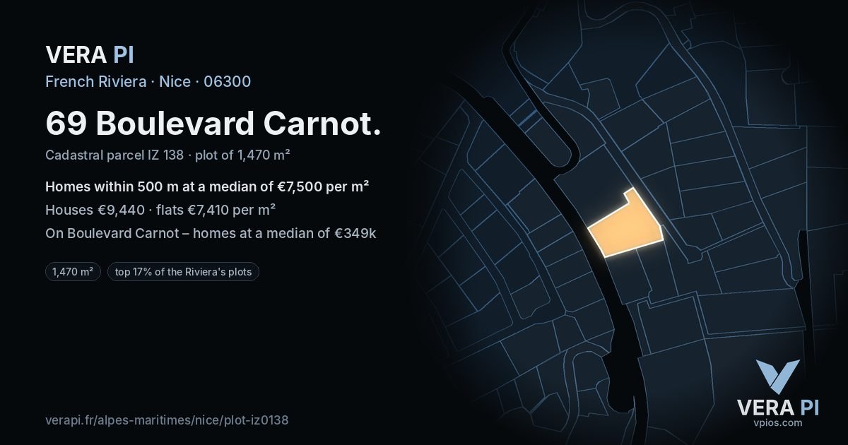 69 Boulevard Carnot, Nice at night – the plot lit, the parcels around coloured by the prices near them