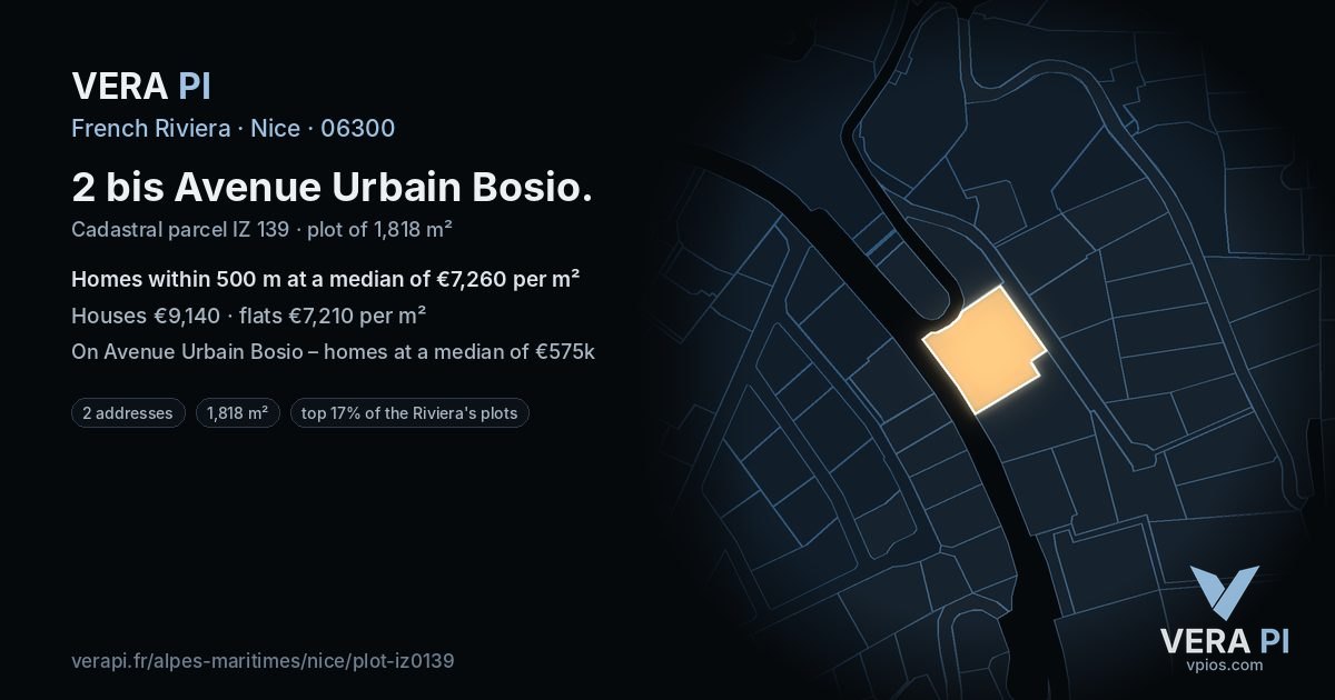 2 bis Avenue Urbain Bosio, Nice at night – the plot lit, the parcels around coloured by the prices near them