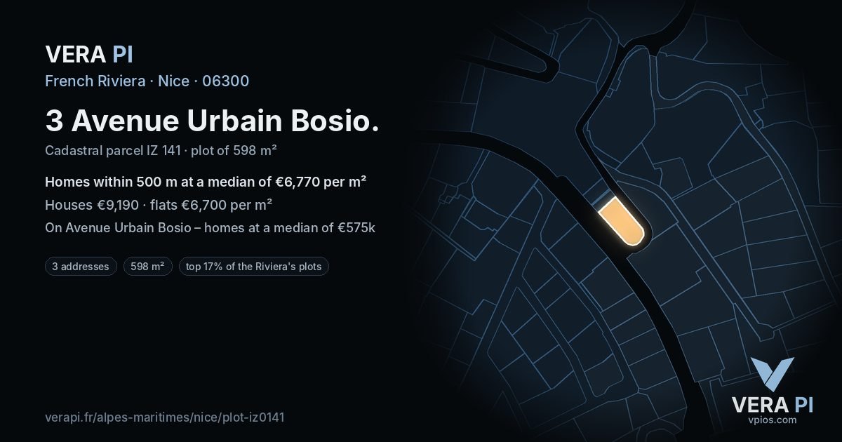 3 Avenue Urbain Bosio, Nice at night – the plot lit, the parcels around coloured by the prices near them