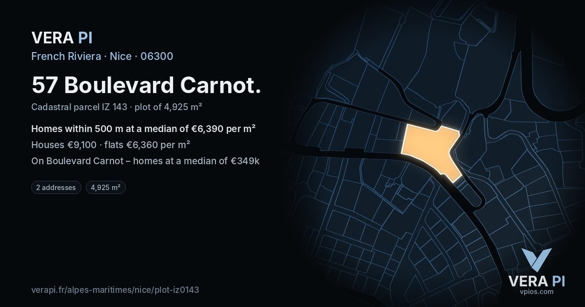 57 Boulevard Carnot, Nice at night – the plot lit, the parcels around coloured by the prices near them