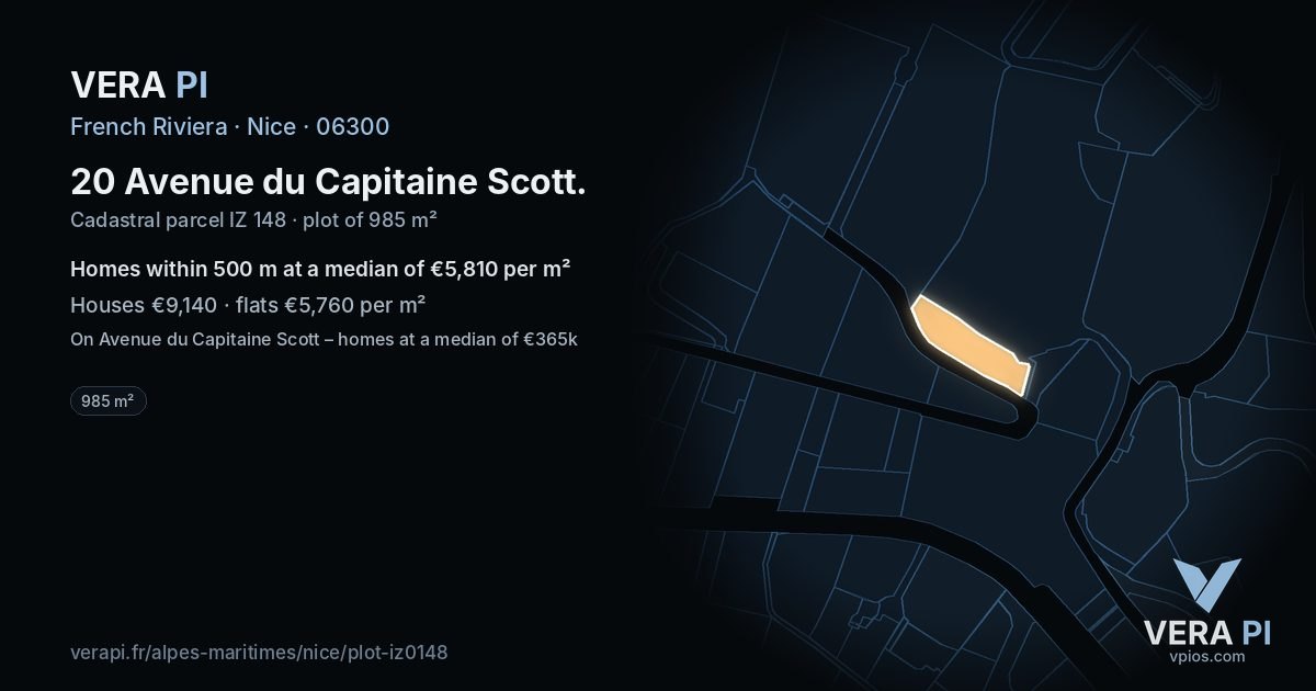 20 Avenue du Capitaine Scott, Nice at night – the plot lit, the parcels around coloured by the prices near them