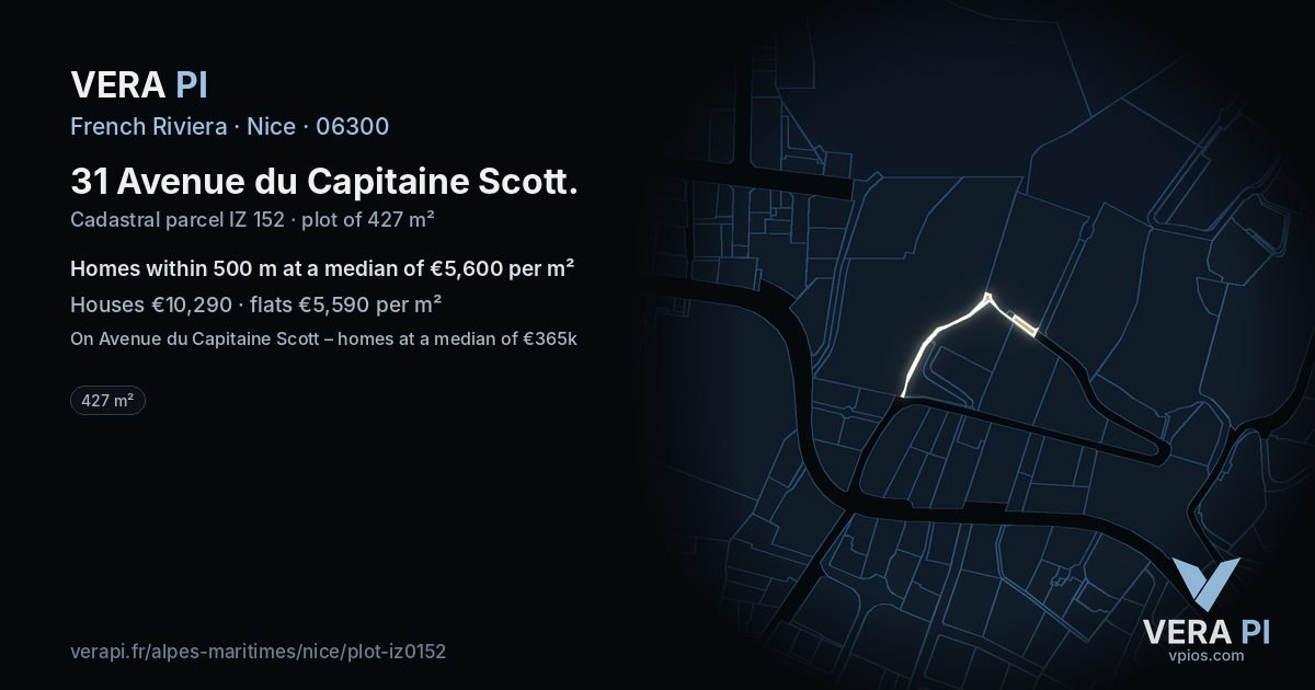 31 Avenue du Capitaine Scott, Nice at night – the plot lit, the parcels around coloured by the prices near them