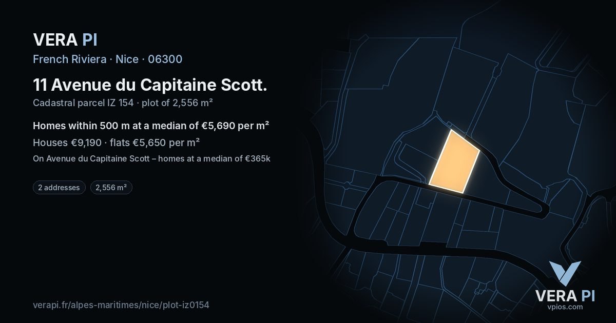 11 Avenue du Capitaine Scott, Nice at night – the plot lit, the parcels around coloured by the prices near them