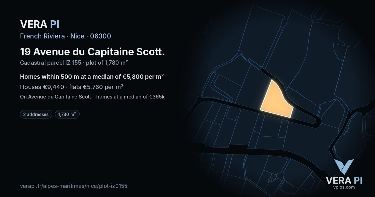 19 Avenue du Capitaine Scott, Nice at night – the plot lit, the parcels around coloured by the prices near them