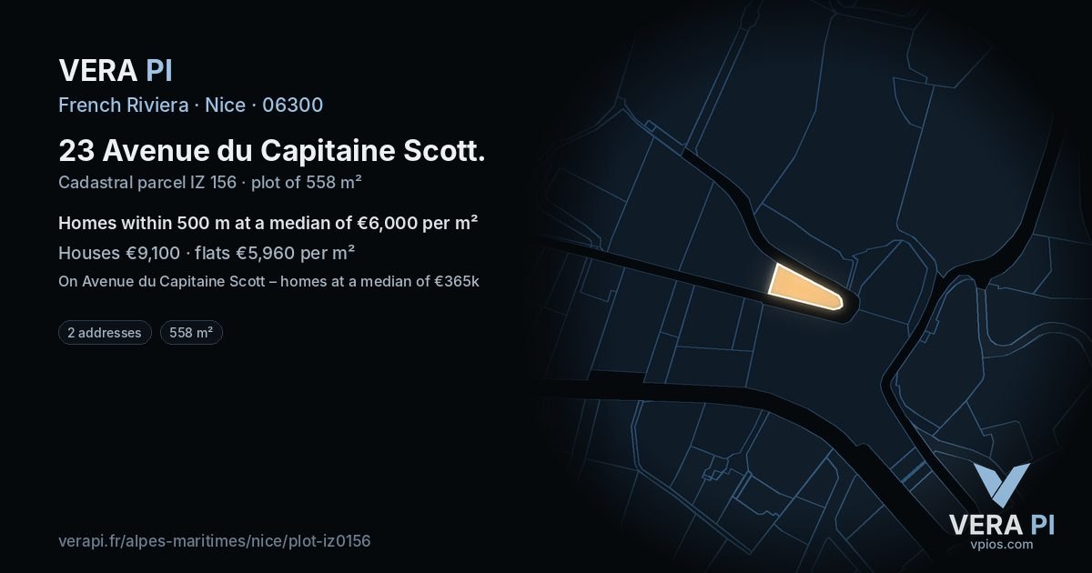 23 Avenue du Capitaine Scott, Nice at night – the plot lit, the parcels around coloured by the prices near them