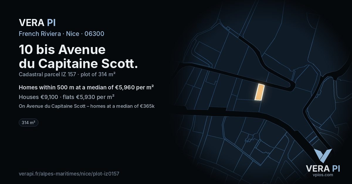 10 bis Avenue du Capitaine Scott, Nice at night – the plot lit, the parcels around coloured by the prices near them