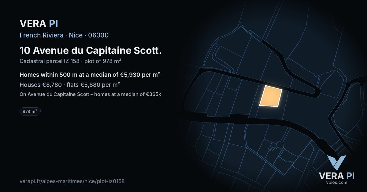 10 Avenue du Capitaine Scott, Nice at night – the plot lit, the parcels around coloured by the prices near them